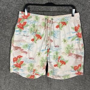Faherty Shorts Mens XL Beige Floral Swim Trunks Hawaiian Lined Pockets
